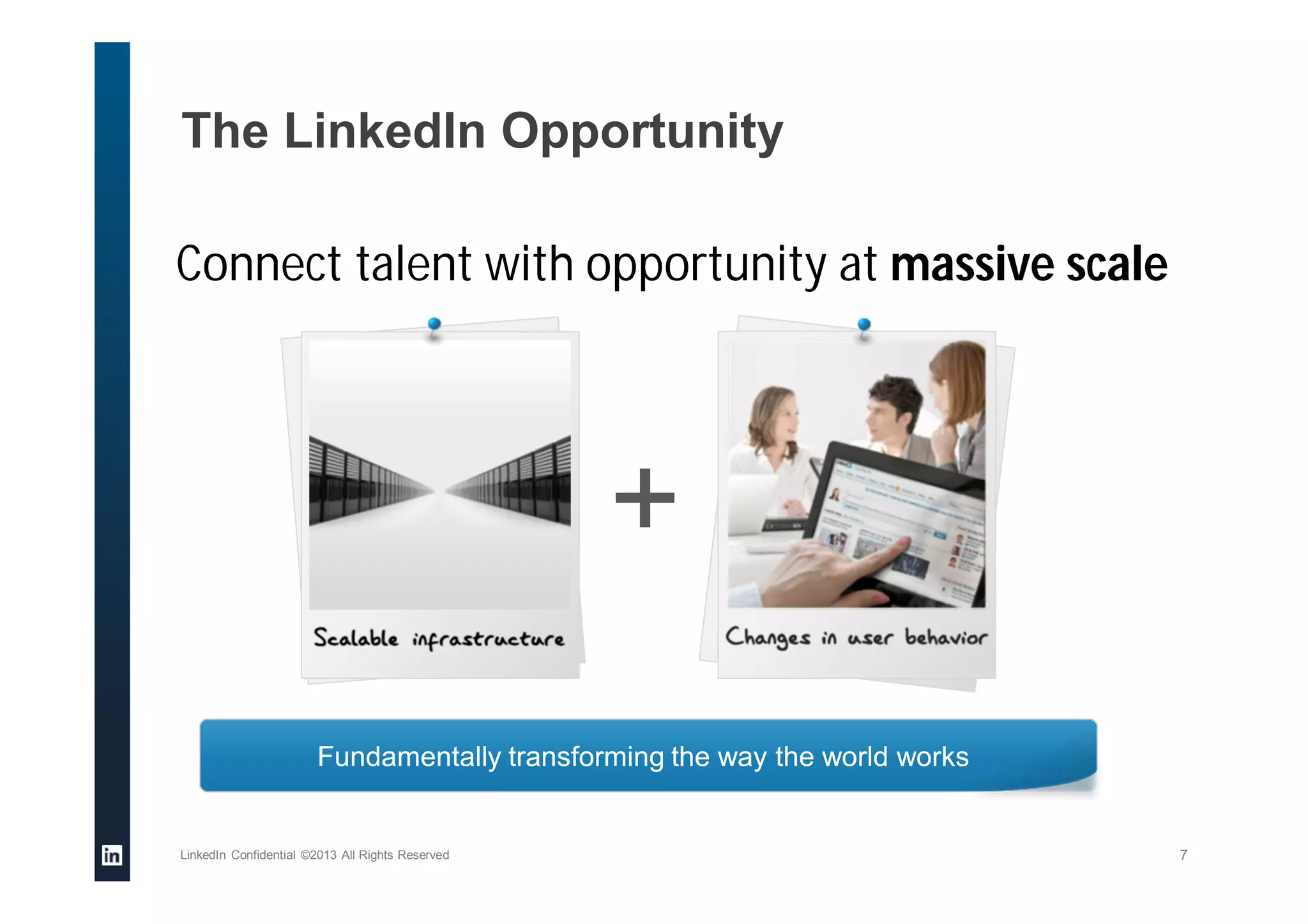 The LinkedIn Opportunity
LinkedIn Confidential ©2013 All Rights Reserved 7
Fundamentally transforming the way the world worksFundamentally transforming the way the world works
Connect talent with opportunity at massive scale
+
 