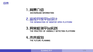 目录
1.背景介绍
2.监控开放平台设计
3.异常检测平台实践
4.未来规划
BACKGROUND INFORMATION
THE DESIGNATION OF MONITOR OPEN PLATFORM
THE FUTURE PLANNING
THE PRACTICE OF ANOMALY DETECTION PLATFORM
5/32
 