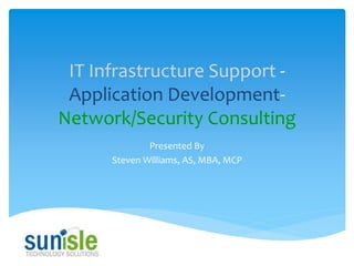 IT Infrastructure Support Application DevelopmentNetwork/Security Consulting
Presented By
Steven Williams, AS, MBA, MCP

 