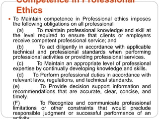 Competence in Professional
Ethics
Competent professional service requires the
exercise of sound judgment in applying profe...