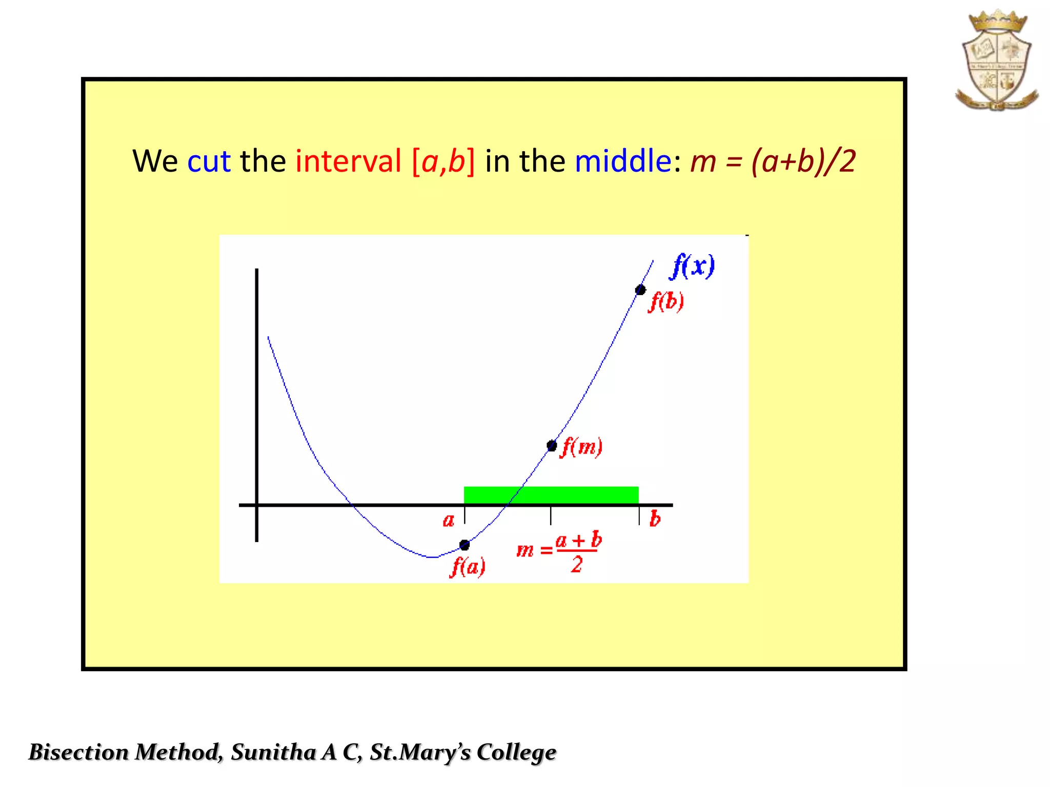 We cut the interval [a,b] in the middle: m = (a+b)/2
Bisection Method, Sunitha A C, St.Mary’s College
 