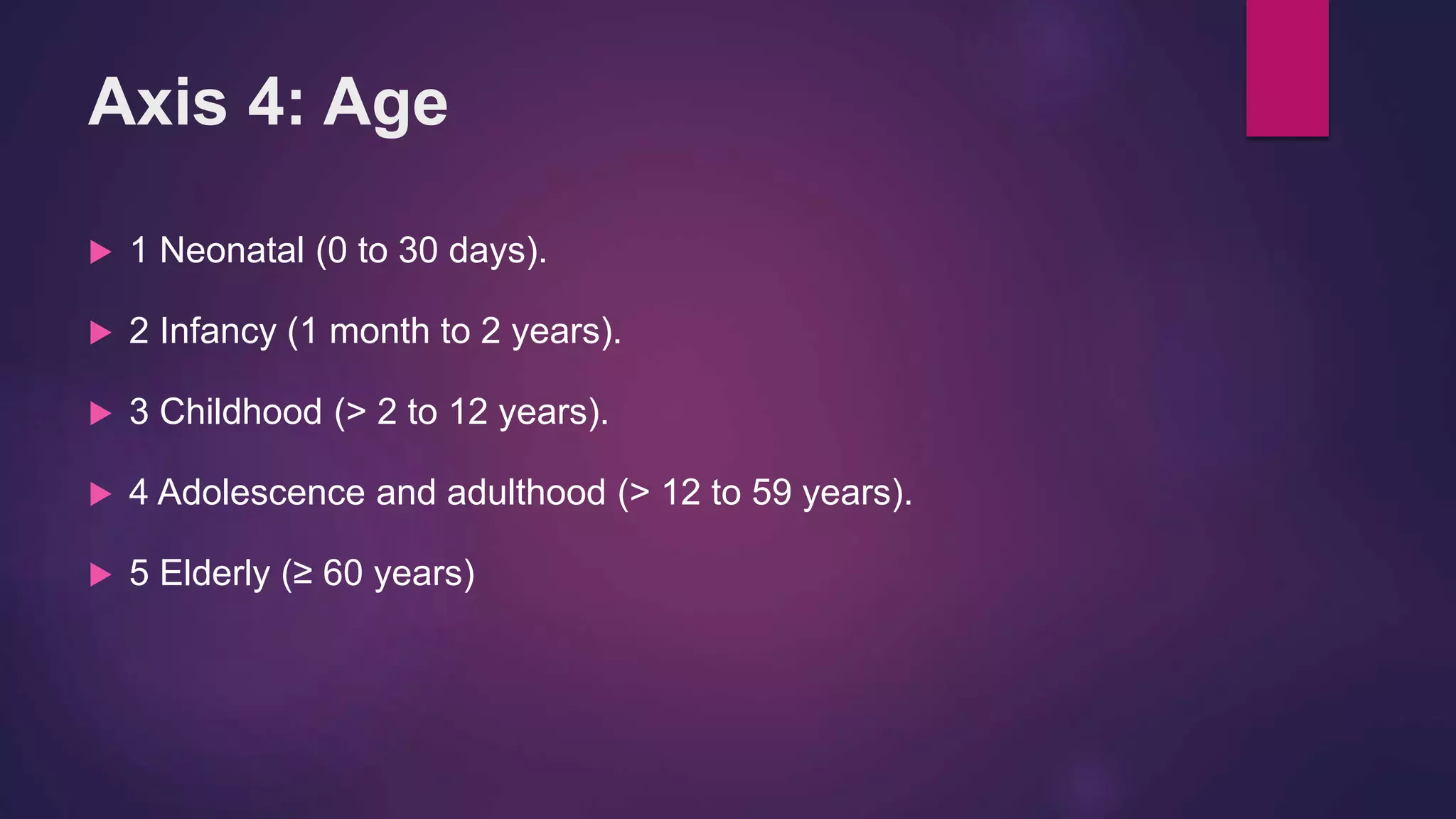 Axis 4: Age
 1 Neonatal (0 to 30 days).
 2 Infancy (1 month to 2 years).
 3 Childhood (> 2 to 12 years).
 4 Adolescence and adulthood (> 12 to 59 years).
 5 Elderly (≥ 60 years)
 