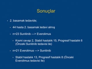 Sonuçlar
• 2. basamak tedavide;
• 44 hasta 2. basamak tedavi almış
• n=23 Sunitinib —> Everolimus
• Kısmi cevap 2, Stabil hastalık 15, Progresif hastalık 6
(Önceki Sunitinib tedavisi ile)
• n=21 Everolimus —> Sunitinib
• Stabil hastalık 13, Progresif hastalık 8 (Önceki
Everolimus tedavisi ile)
 