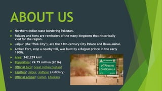 ABOUT US
ďľ Northern Indian state bordering Pakistan.
ďľ Palaces and forts are reminders of the many kingdoms that historically
vied for the region.
ďľ Jaipur (the "Pink City"), are the 18th-century City Palace and Hawa Mahal.
ďľ Amber Fort, atop a nearby hill, was built by a Rajput prince in the early
1600s.
ďľ Area: 342,239 km²
ďľ Population: 74.79 million (2016)
ďľ Official bird: Great Indian bustard
ďľ Capitals: Jaipur, Jodhpur (Judiciary)
ďľ Official animal: Camel, Chinkara