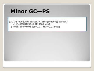 Minor GC—PS[GC [PSYoungGen: 11509K->1184K(14336K)] 11509K->1184K(38912K), 0.0113360 secs]   [Times: user=0.03 sys=0.01, real=0.01 secs]