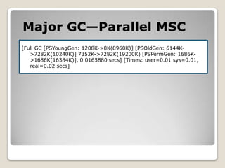 Major GC—Parallel MSC[Full GC [PSYoungGen: 1208K->0K(8960K)] [PSOldGen: 6144K->7282K(10240K)] 7352K->7282K(19200K) [PSPermGen: 1686K->1686K(16384K)], 0.0165880 secs] [Times: user=0.01 sys=0.01, real=0.02 secs] 