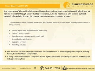 TELEHEALTH SOLUTION
Our proprietary Telehealth platform enables patients to have tele-consultation with physicians at
remote locations through secured video conference. A Home Healthcare unit can use our vast
network of specialist doctors for remote consultation with a patient in need.
Our Telehealth solution supports end-to-end workflow for tele-consultation and is bundled with our medical
billing services.
 Patient registration & Appointment scheduling
 Patient’s health records
 Alert/Reminder management through mail
 Secured video conference
 Electronic payment
 Reporting services
23Sun Knowledge © 2015-16 Private & Confidential
 Our telehealth solution is highly customizable and can be tailored to a specific program – hospitals, nursing
homes, home healthcare and providers.
 It brings unparalleled benefits – Improved Access, Highly Convenient, Availability on Demand and Reduction
in Supplementary Cost.
 