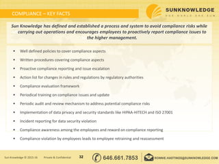 COMPLIANCE – KEY FACTS
 Well defined policies to cover compliance aspects
 Written procedures covering compliance aspects
 Proactive compliance reporting and issue escalation
 Action list for changes in rules and regulations by regulatory authorities
 Compliance evaluation framework
 Periodical training on compliance issues and update
 Periodic audit and review mechanism to address potential compliance risks
 Implementation of data privacy and security standards like HIPAA-HITECH and ISO 27001
 Incident reporting for data security violation
 Compliance awareness among the employees and reward on compliance reporting
 Compliance violation by employees leads to employee retraining and reassessment
Sun Knowledge has defined and established a process and system to avoid compliance risks
while carrying out operations and encourage employees to proactively report compliance issues
to the higher management
Sun Knowledge has defined and established a process and system to avoid compliance risks while
carrying out operations and encourages employees to proactively report compliance issues to
the higher management.
32Sun Knowledge © 2015-16 Private & Confidential
 