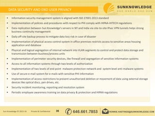 DATA SECURITY AND END USER PRIVACY
 Information security management system is aligned with ISO 27001:2013 standard
 Implementation of policies and procedures with respect to PHI comply with HIPAA-HITECH regulations
 Data replication between Sun Knowledge’s servers in NY and India via site-to-site IPsec VPN tunnels helps strong
business continuity management
 Daily off-site backup process to mitigate data loss risk in case of disaster
 Implementation of physical access control system in office premises restricts access to sensitive areas housing
application and database
 Physical and logical segregation of internal network into VLAN segments to control and protect data storage and
transmission between business/process units
 Implementation of perimeter security devices, like firewall and segregation of sensitive information systems
 Access to all information systems through two levels of authorization
 Implementation of two levels of end point malware protection network and system level anti-malware systems
 Use of secure e-mail system for e-mails with sensitive PHI information
 Implementation of access restrictions to prevent unauthorized deletion or movement of data using external storage
devices like optical discs, pen drives, etc.
 Security incident monitoring, reporting and resolution system
 Periodic employee awareness training on data privacy & protection and HIPAA regulations
35Sun Knowledge © 2015-16 Private & Confidential
 