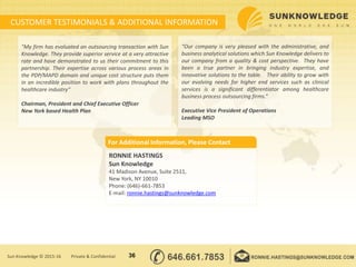 CUSTOMER TESTIMONIALS & ADDITIONAL INFORMATION
"My firm has evaluated an outsourcing transaction with Sun
Knowledge. They provide superior service at a very attractive
rate and have demonstrated to us their commitment to this
partnership. Their expertise across various process areas in
the PDP/MAPD domain and unique cost structure puts them
in an incredible position to work with plans throughout the
healthcare industry“
Chairman, President and Chief Executive Officer
New York based Health Plan
“Our company is very pleased with the administrative, and
business analytical solutions which Sun Knowledge delivers to
our company from a quality & cost perspective. They have
been a true partner in bringing industry expertise, and
innovative solutions to the table. Their ability to grow with
our evolving needs for higher end services such as clinical
services is a significant differentiator among healthcare
business process outsourcing firms.”
Executive Vice President of Operations
Leading MSO
RONNIE HASTINGS
Sun Knowledge
41 Madison Avenue, Suite 2511,
New York, NY 10010
Phone: (646)-661-7853
E-mail: ronnie.hastings@sunknowledge.com
For Additional Information, Please Contact
36Sun Knowledge © 2015-16 Private & Confidential
 