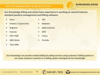 PRACTICE MANAGEMENT & BILLING SYSTEM
Sun Knowledge billing executives have experience in working on several industry
standard practice management and billing software:
9Sun Knowledge © 2015-16 Private & Confidential
Sun Knowledge can provide medical billing & coding services using customer’s billing system or
can setup customer’s practice in a billing system managed by Sun Knowledge.
 Kareo  SOS
 Emdeon / Capario One  Meditech
 Brightree  Alpha Collector
 Fastrack  OPIE
 CPR+ HME  Futura
 DME Works  PrimeRx
 Team DME
 