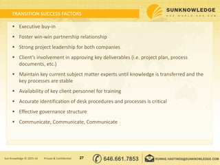TRANSITION SUCCESS FACTORS
 Executive buy-in
 Foster win-win partnership relationship
 Strong project leadership for both companies
 Client’s involvement in approving key deliverables (i.e. project plan, process
documents, etc.)
 Maintain key current subject matter experts until knowledge is transferred and the
key processes are stable
 Availability of key client personnel for training
 Accurate identification of desk procedures and processes is critical
 Effective governance structure
 Communicate, Communicate, Communicate
27Sun Knowledge © 2015-16 Private & Confidential
 