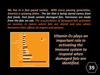 We live in a fast paced society. With every passing generation,
America is growing fatter. The fat that is being stored comes from
fast foods. Fast foods contain damaged fats. Hormones are made
from the fats we eat. The accumulation of damaged fats promotes
an increase in cancer where fats are stored and also where
hormones have effects on organs and systems.
Vitamin D3 plays an
important role in
activating the
immune system to
respond when
damaged fats are
identified.
39
 