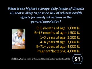 What is the highest average daily intake of Vitamin
D3 that is likely to pose no risk of adverse health
effects for nearly all persons in the
general population?
0–6 months of age: 1,000 IU
6–12 months of age: 1,500 IU
1–3 years of age: 2,500 IU
4–8 years of age: 3,000 IU
9–71+ years of age: 4,000 IU
Pregnant/lactating: 4,000 IU
2011 Dietary Reference Intakes for Calcium and Vitamin D, Food and Nutrition Board (FNB)
) 54
 