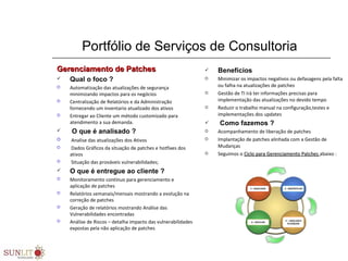 Portfólio de Serviços de Consultoria
Gerenciamento de PatchesGerenciamento de Patches
 Qual o foco ?
 Automatização das atualizações de segurança 
minimizando impactos para os negócios
 Centralização de Relatórios e da Administração 
fornecendo um inventario atualizado dos ativos
 Entregar ao Cliente um método customizado para 
atendimento a sua demanda.  
 O que é analisado ?
  Analise das atualizações dos Ativos
  Dados Gráficos da situação de patches e hotfixes dos        
ativos
  Situação das prováveis vulnerabilidades;
 O que é entregue ao cliente ?
 Monitoramento contínuo para gerenciamento e  
aplicação de patches 
 Relatórios semanais/mensais mostrando a evolução na 
correção de patches
 Geração de relatórios mostrando Análise das 
Vulnerabilidades encontradas 
 Análise de Riscos – detalha impacto das vulnerabilidades 
expostas pela não aplicação de patches 
 Benefícios
 Minimizar os impactos negativos ou defasagens pela falta 
ou falha na atualizações de patches
 Gestão de TI irá ter informações precisas para 
implementação das atualizações no devido tempo
 Reduzir o trabalho manual na configuração,testes e 
implementações dos updates 
 Como fazemos ?
 Acompanhamento de liberação de patches
 Implantação de patches alinhada com a Gestão de    
Mudanças
 Seguimos o Ciclo para Gerenciamento Patches Ciclo para Gerenciamento Patches abaixo :
 