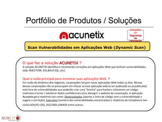 Portfólio de Produtos / Soluções
Scan Vulnerabilidades em Aplicações Web (Dynamic Scan)
O que faz a solução ACUNETIXACUNETIX ?
A solução ACUNETIX identifica e recomenda correções em aplicações Web que tenham vulnerabilidades
(SQL-INJECTION, XSS,Blind SQL, etc).
Qual a razão principal para escanear suas aplicações Web ?
Em razão da dinâmica dos negócios, corporações lançam novas aplicações Web todos os dias. Muitas
dessas corporações não se preocupam em checar se essa aplicação web (a ser publicada ou já publicada)
está livre de vulnerabilidades que poderão criar uma “brecha” para hackers colocarem um código
malicioso e furtar / adulterar dados confidenciais e/ou denegrir o website da corporação. A aplicação
AcunetixAcunetix gera relatórios tais como: Desenvolvedor (aponta a linha de código com a vulnerabilidade e
sugere a correção), Executivo (sumário das vulnerabilidades encontradas) e relatórios de Compliance tais
como:SOX,PCI-DSS, ISO27001,OWASP entre outros.
Soluções
de
SegurançaSegurança
dada
InformaçãoInformação
 