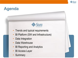 Agenda




   •   Trends and typical requirements
   •   BI Platform (SW and Infrastructure)
   •   Data Integration
   •   Data Warehouse
   •   BI Reporting and Analytics
   •   BI Access Layer
   •   Summary
 