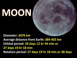 Diameter: 3476 km
Average distance from Earth: 384 402 km
Orbital period: 29 days 12 hr 44 min or
27 days 19 hr 18 min
Rotation period: 27 days 19 hr 18 min or 28 days
 