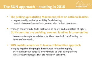 The SUN approach – starting in 2010
• The Scaling up Nutrition Movement relies on national leaders
taking ownership and responsibility for delivering
sustainable solutions to improve nutrition in their countries.
• Through country-led efforts that focus on equity and realization of rights,
SUN countries are enabling women, families & communities
to create stronger foundations for their people & transforming the
future of our world.
• SUN enables countries to take a collaborative approach
bringing together the people & resources needed to rapidly
scale up nutrition-specific interventions as well as implement
cross-sector strategies that are nutrition-sensitive.
 