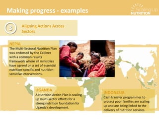 Making progress - examples
Aligning Actions Across
Sectors
3
NEPAL
The Multi-Sectoral Nutrition Plan
was endorsed by the Cabinet
with a common results
framework where all ministries
have agreed on a set of essential
nutrition-specific and nutrition-
sensitive interventions.
UGANDA
A Nutrition Action Plan is scaling
up multi-sector efforts for a
strong nutrition foundation for
Uganda’s development.
INDONESIA
Cash transfer programmes to
protect poor families are scaling
up and are being linked to the
delivery of nutrition services.
 