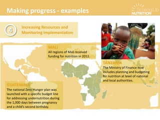 Making progress - examples
Increasing Resources and
Monitoring Implementation4
GUATEMALA
The national Zero Hunger plan was
launched with a specific budget line
for addressing undernutrition during
the 1,000 days between pregnancy
and a child’s second birthday.
MALI
All regions of Mali received
funding for nutrition in 2012.
TANZANIA
The Ministry of Finance now
includes planning and budgeting
for nutrition at level of national
and local authorities.
 