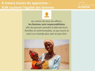 À travers toutes les approches –
SUN soutient l'égalité des femmes
Au centre de tous les efforts,
les femmes sont responsabilisées
afin de pouvoir prendre la tête de leurs
familles et communautés, ce qui ouvre la
voie à un monde plus sain et plus fort.
 