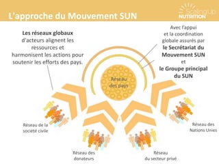 Réseau
des pays
Réseau des
donateurs
Réseau de la
société civile
Réseau
du secteur privé
Réseau des
Nations Unies
Les réseaux globaux
d'acteurs alignent les
ressources et
harmonisent les actions pour
soutenir les efforts des pays.
L'approche du Mouvement SUN
Avec l’appui
et la coordination
globale assurés par
le Secrétariat du
Mouvement SUN
et
le Groupe principal
du SUN
 