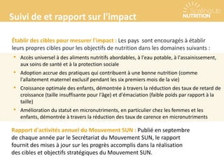 Suivi de et rapport sur l'impact
Établir des cibles pour mesurer l'impact : Les pays sont encouragés à établir
leurs propres cibles pour les objectifs de nutrition dans les domaines suivants :
• Accès universel à des aliments nutritifs abordables, à l'eau potable, à l'assainissement,
aux soins de santé et à la protection sociale
• Adoption accrue des pratiques qui contribuent à une bonne nutrition (comme
l'allaitement maternel exclusif pendant les six premiers mois de la vie)
• Croissance optimale des enfants, démontrée à travers la réduction des taux de retard de
croissance (taille insuffisante pour l'âge) et d'émaciation (faible poids par rapport à la
taille)
• Amélioration du statut en micronutriments, en particulier chez les femmes et les
enfants, démontrée à travers la réduction des taux de carence en micronutriments
Rapport d'activités annuel du Mouvement SUN : Publié en septembre
de chaque année par le Secrétariat du Mouvement SUN, le rapport
fournit des mises à jour sur les progrès accomplis dans la réalisation
des cibles et objectifs stratégiques du Mouvement SUN.
 