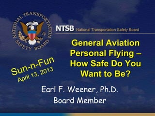 General Aviation
Personal Flying –
How Safe Do You
Want to Be?
Earl F. Weener, Ph.D.
Board Member
 