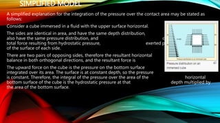 SIMPLIFIED MODEL
A simplified explanation for the integration of the pressure over the contact area may be stated as
follows:
Consider a cube immersed in a fluid with the upper surface horizontal.
The sides are identical in area, and have the same depth distribution, therefore they
also have the same pressure distribution, and consequently the same
total force resulting from hydrostatic pressure, exerted perpendicular to the plane
of the surface of each side.
There are two pairs of opposing sides, therefore the resultant horizontal forces
balance in both orthogonal directions, and the resultant force is zero.
The upward force on the cube is the pressure on the bottom surface
integrated over its area. The surface is at constant depth, so the pressure
is constant. Therefore, the integral of the pressure over the area of the horizontal
bottom surface of the cube is the hydrostatic pressure at that depth multiplied by
the area of the bottom surface.
 