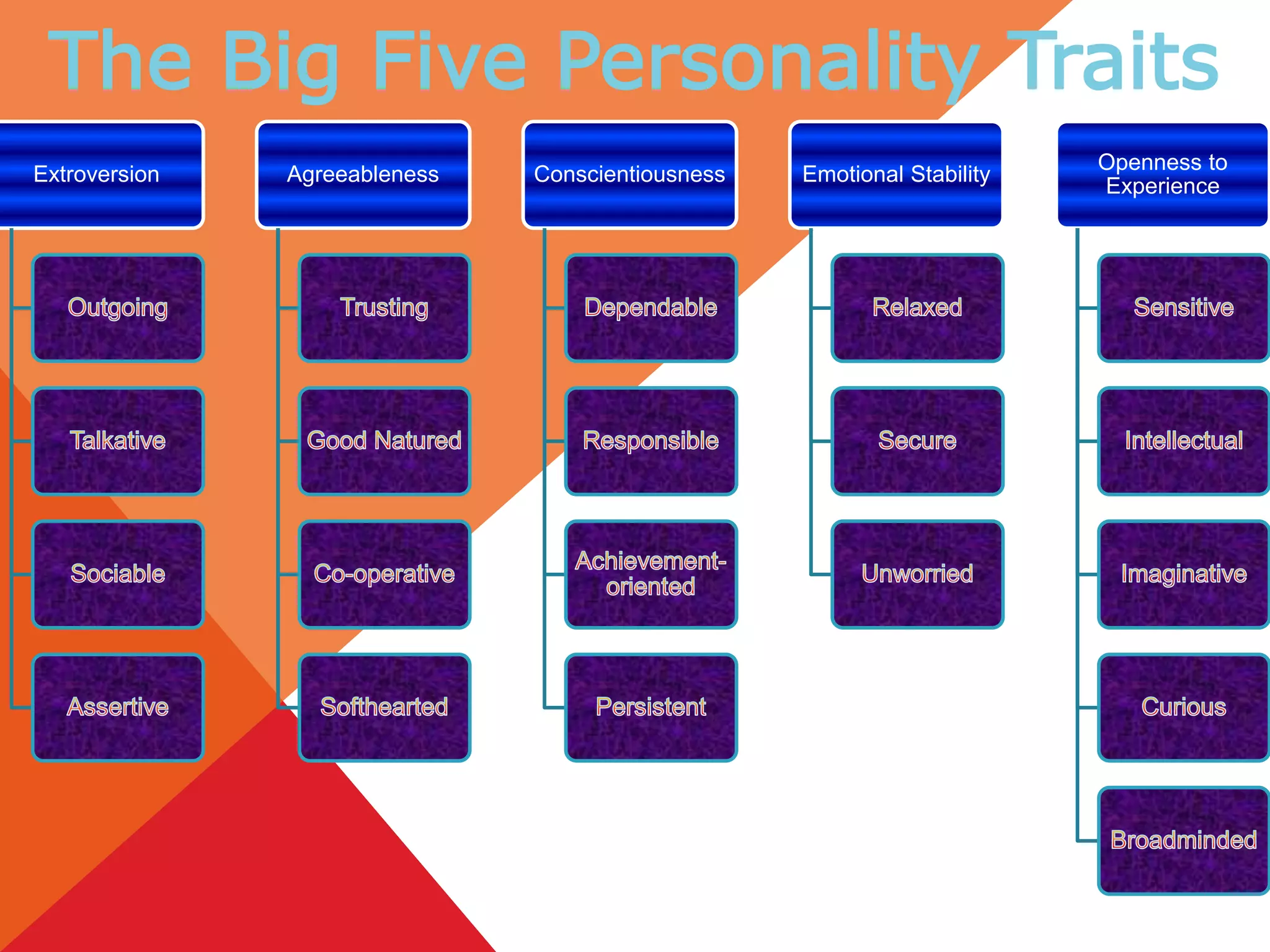 Extroversion Agreeableness Conscientiousness Emotional Stability
Openness to
Experience
The Big Five Personality Traits
 