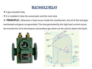  A gas actuated relay.
 it is installed in b/w the conservator and the main tank.
 PRINCIPLE:- Whenever a fault occurs inside the transformers, the oil of the tank gets
overheated and gases are generated. The heat generated by the high local current causes
the transformer oil to decompose and produce gas which can be used to detect the faults.
BUCHHOLZRELAY
 