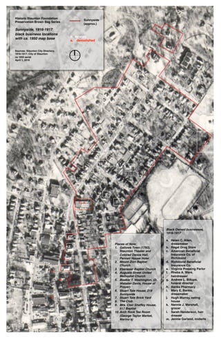 i.
b.,
c.,d.
Historic Staunton Foundation
Preservation Brown Bag Series
Sunnyside, 1916-1917
black business locations
with ca. 1950 map base
Sources: Staunton City Directory,
1916-1917; City of Staunton
ca 1950 aerial
April 1, 2016
a. existed
a. demolished
Sunnyside
(approx.)
j.
g.
f.
l.
k.?
Baptist
N.AugustaStreet
Caroline
Tams
Purviance
Dover
Sunnyside
Sunnyside
Sunnyside
Points
Prospect
Academy
N.NewStreet
N.AugustaStreet
N.New
N.AugustaStreet
m.
Rose
2.
3.
4.
6.
9.
1.
10.
8.
7.
5.1., a.
h.
Black Owned businesses,
1916-1917
a. Helen C. Allen,
dressmaker
b. Regal Drug Store
c. American Beneﬁcial
Insurance Co. of
Richmond
d. Richmond Beneﬁcial
Insurance Co.
e. Virginia Pressing Parlor
f. Rheba A. Ware,
hairdresser
g. Andrew L. Billups,
funeral director
h. Banks Pharmacy
i. Mary E. Banks,
dressmaker
j. Hugh Murray, eating
house
k. Nannie J. Marshall,
grocer
l. Sarah Henderson, hair
dresser
m. Jennie Garland, midwife
Places of Note:
1. Gallows Town (1793),
Staunton Theater and
Colored Dance Hall,
Pannell House Hotel
2. Mount Zion Baptist
Church
3. Ebenezer Baptist Church
4. Augusta Street United
Methodist Church
5. Booker T. Washington, (D.
Webster Davis, House of
Prayer)
6. Stuart Tate House, 219
Sunnyside
7. Stuart Tate Brick Yard
8. The Club
9. Mrs. Clair Sheffey House,
517 Baptist
10. Arch Rock Tea Room
(George Taylor Market,
Marino’s)
e.
 