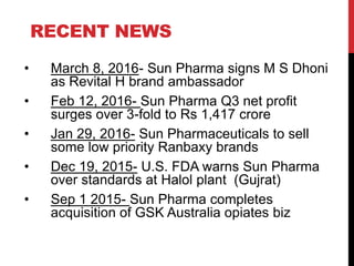 RECENT NEWS
• March 8, 2016- Sun Pharma signs M S Dhoni
as Revital H brand ambassador
• Feb 12, 2016- Sun Pharma Q3 net profit
surges over 3-fold to Rs 1,417 crore
• Jan 29, 2016- Sun Pharmaceuticals to sell
some low priority Ranbaxy brands
• Dec 19, 2015- U.S. FDA warns Sun Pharma
over standards at Halol plant (Gujrat)
• Sep 1 2015- Sun Pharma completes
acquisition of GSK Australia opiates biz
 