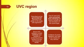 UVC region
Described as the
germicidal UV
because of its
ability to kill single-
cell organisms.
Far-UV and UVC
were prevented
from reaching the
Earth's surface by
the formation of
the ozone layer.
Since UVC
radiation is both
cytotoxic and
capable of
producing severe
sunburn at very
low exposure
levels,
evidence of ozone
depletion will need
to be viewed as
very serious.
10
 