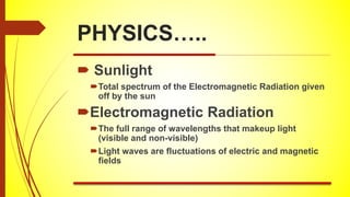 PHYSICS…..
 Sunlight
Total spectrum of the Electromagnetic Radiation given
off by the sun
Electromagnetic Radiation
The full range of wavelengths that makeup light
(visible and non-visible)
Light waves are fluctuations of electric and magnetic
fields
 