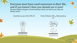 Everyone must have used sunscreen in their life,
and if you haven't then you should use it now!
Because hidden dangers of environment which can harm your skin are
always active
Harmful sun rays; UVA, UVB, IR Urban Pollution; PM2.5, Hydrocarbons
etc.
 