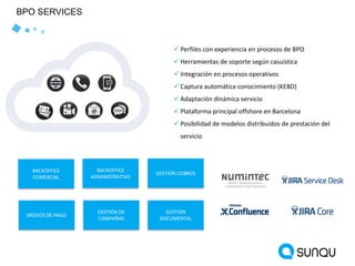 17
BPO SERVICES
 Perfiles con experiencia en procesos de BPO
 Herramientas de soporte según casuística
 Integración en procesos operativos
 Captura automática conocimiento (KEBD)
 Adaptación dinámica servicio
 Plataforma principal offshore en Barcelona
 Posibilidad de modelos distribuidos de prestación del
servicio
MEDIOS DE PAGO
BACKOFFICE
ADMINISTRATIVO
GESTIÓN COBROS
GESTIÓN DE
CAMPAÑAS
BACKOFFICE
COMERCIAL
GESTIÓN
DOCUMENTAL
 