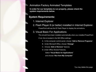 Animation Factory Animated Templates In order for our templates to run properly, please check the system requirements below. System Requirements: 1. Internet Explorer 2. Flash Player 8 (or better) installed in Internet Explorer.  PowerPoint will use the IE Flash Player to display the animations. 3. Visual Basic For Applications This should have been installed automatically when you installed PowerPoint. If not, this is located in the MS Office settings.:   A.  In the computer control panel, choose “ Add or Remove Programs ”.   B.  Under Microsoft Office, choose “ Change ”   C.  Choose ‘ Add or Remove ” features.   D. Under Office Shared Features,   Select “ Visual Basic for Applications ”   and choose “ Run from My Computer ” You may delete this page. 