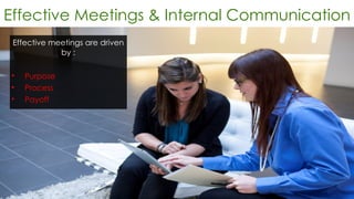 Effective Meetings & Internal Communication
Effective meetings are driven
by :
• Purpose
• Process
• Payoff
 