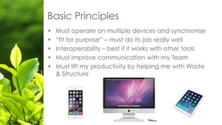 • Must operate on multiple devices and synchronise
• “fit for purpose” – must do its job really well
• Interoperability – best if it works with other tools
• Must improve communication with my Team
• Must lift my productivity by helping me with Waste
& Structure
Basic Principles
 