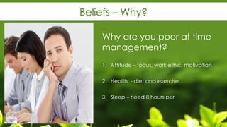 Beliefs – Why?
Why are you poor at time
management?
1. Attitude – focus, work ethic, motivation
2. Health - diet and exercise
3. Sleep – need 8 hours per
 
