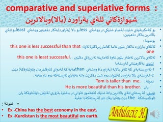 comparative and superlative forms :
‫د‬‫ر‬‫او‬‫ر‬‫بة‬ ‫ثلةي‬ ‫ةكاني‬‫ز‬‫وا‬َ‫شي‬(‫باال‬)‫وباالترين‬
•‫شةي‬‫و‬‫و‬ ‫تر‬ ‫كي‬َ‫شتي‬ ‫لةضاو‬ ‫ك‬َ‫شتي‬ ‫كةمكرنةوةي‬ ‫بؤ‬less‫باال‬ ‫بؤ‬(‫د‬‫ر‬‫او‬‫ر‬‫بة‬)‫شةي‬‫و‬‫و‬‫نين‬َ‫دةهي‬ ‫بةكار‬least‫ثلةي‬ ‫بؤ‬
‫نين‬َ‫دةهي‬ ‫بةكار‬ ‫باالترين‬:
•‫بؤنمونة‬:
•‫لةوة‬ ‫كةمترزيرةكترة‬ ‫ئةمة‬‫ين‬َ‫بلي‬ ‫ئةكةر‬ ‫د‬‫ر‬‫او‬‫ر‬‫بة‬ ‫لةثلةي‬:this one is less successful than that
one
•‫ين‬َ‫دةلي‬ ‫يرةكي‬‫ز‬ ‫لة‬ ‫كةمترينة‬ ‫ئةوة‬‫ين‬َ‫بلي‬ ‫ئةطةر‬ ‫باالترين‬ ‫لةثلةي‬:this one is least successful.
•‫بيني‬َ‫تي‬:‫ستةدا‬ِ‫ر‬‫لة‬ ‫ناني‬َ‫هي‬‫ر‬‫بةكا‬
•1-‫باالية‬ ‫ثلةي‬ ‫كة‬ ‫ستةيةي‬ِ‫ر‬‫و‬ ‫لة‬(‫د‬‫ر‬‫او‬‫ر‬‫بة‬)‫شةي‬‫و‬‫و‬ ‫ة‬than‫هةية‬.‫لةدواي‬ ‫كة‬(‫وئاولناوةكة‬ ‫ئاوةلفرمان‬)‫ت‬َ‫دي‬.
•2-‫هةية‬ ‫ناو‬ ‫و‬‫دو‬ ‫ستةكة‬ِ‫ر‬‫لة‬ ‫ي‬‫ر‬‫ؤ‬‫بةز‬ ‫واتة‬ ‫ت‬َ‫دةكري‬ ‫شت‬ ‫و‬‫دو‬ ‫وان‬َ‫لةني‬ ‫د‬‫ر‬‫او‬‫ر‬‫بة‬ ‫باال‬ ‫ستةي‬‫ر‬‫لة‬.
•‫نمونة‬:Tom is taller than me.
•‫يان‬He is more beautiful than his brother.
•‫بيني‬َ‫تي‬:‫ئ‬ ‫ش‬َ‫لةثي‬ ‫ي‬‫ر‬‫ؤ‬‫بةز‬‫باشترة‬ ‫تر‬ ‫ئةواني‬ ‫و‬‫لةهةمو‬ ‫ك‬َ‫شتي‬ ‫واتة‬ ‫باالترين‬ ‫ثلةي‬ ‫ستةي‬ِ‫ر‬ ‫لة‬‫يان‬ ‫ناوةكة‬
َ
‫اوةل‬
‫ئاوةلفرمانكة‬the‫هةية‬ ‫ستةكةدا‬ِ‫ر‬ ‫لة‬ ‫ناو‬ ‫يةك‬ ‫وتةنيا‬‫ت‬َ‫دي‬.
•‌‫نمونة‬:
• Ex -China has the best economy in the east.
• Ex -Kurdistan is the most beautiful on earth.
 