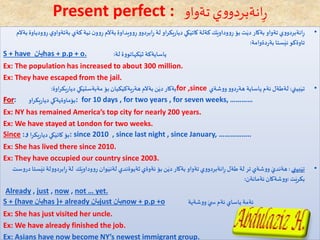 Present perfect : ‫تةواو‬ ‫ي‬‫و‬‫انةبردو‬ِ‫ر‬
•‫بة‬ ‫كةي‬ ‫نية‬‫ن‬‫وو‬ِ‫ر‬ ‫بةآلم‬‫وويداوة‬ِ‫ر‬‫ابردوو‬ِ‫ر‬ ‫لة‬ ‫يكراو‬‫ر‬‫ديا‬ ‫كي‬َ‫كاتي‬‫كةلة‬‫ك‬َ‫ووداوي‬ِ‫ر‬ ‫بؤ‬ ‫ت‬َ‫دي‬ ‫بةكار‬ ‫تةواو‬‫انةبردووي‬ِ‫ر‬‫ب‬‫وودياوة‬ِ‫ر‬ ‫ي‬‫تةواو‬‫ةآلم‬
‫دةوامة‬‫ر‬‫بة‬ ‫ستا‬َ‫ئي‬‫تاوةكو‬:
S + have ‌‫یان‬has + p.p + o. ‫لة‬ ‫كهاتووة‬َ‫ثي‬ ‫ياسايةكة‬:
Ex: The population has increased to about 300 million.
Ex: They have escaped from the jail.
•‫بيني‬َ‫تي‬:‫ووشةي‬‫دوو‬‫ر‬‫هة‬ ‫ياساية‬ ‫ئةم‬ ‫لةطةل‬for ,since‫اوة‬‫ر‬‫يك‬‫ر‬‫ديا‬ ‫كي‬َ‫مةبةستي‬ ‫بؤ‬‫كيان‬َ‫يةكي‬‫ر‬‫هة‬ ‫بةآلم‬ ‫ن‬َ‫دي‬‫بةكار‬:
For: ‫او‬‫ر‬‫يك‬‫ر‬‫ديا‬ ‫:بؤماوةيةكي‬ for 10 days , for two years , for seven weeks, …………
Ex: NY has remained America’s top city for nearly 200 years.
Ex: We have stayed at London for two weeks.
Since :‫و‬ ‫بؤ‬‫ا‬‫ر‬‫يك‬‫ر‬‫ديا‬ ‫كي‬َ‫كاتي‬ : since 2010 , since last night , since January, ……………..
Ex: She has lived there since 2010.
Ex: They have occupied our country since 2003.
•‫بيني‬َ‫تي‬:‫ابر‬ِ‫ر‬‫لة‬ ‫ك‬َ‫ووداوي‬ِ‫ر‬ ‫وان‬َ‫لةني‬ ‫ثةيوةندي‬‫ئةوةي‬ ‫بؤ‬ ‫ن‬َ‫دي‬ ‫بةكار‬ ‫تةواو‬‫انةبردووي‬ِ‫ر‬ ‫طةل‬ ‫لة‬ ‫تر‬‫ووشةي‬ َ‫هةندي‬‫دروست‬ ‫ستا‬َ‫ئي‬‫دوولة‬
‫ت‬َ‫بكري‬:‫ئةمانةن‬ ‫ووشةكان‬:
Already , just , now , not … yet.
S + (have ‫یان‬has )+ already ‫یان‬just ‫یان‬now + p.p +o ‫ووشةية‬ َ‫ي‬ ‫س‬ ‫ئةم‬ ‫ياساي‬ ‫ئةمة‬
Ex: She has just visited her uncle.
Ex: We have already finished the job.
Ex: Asians have now become NY’s newest immigrant group.
 