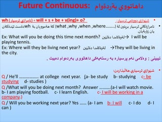Future Continuous: ‫دةوام‬‫ر‬‫بة‬ ‫ي‬‫و‬‫داهاتو‬
•‫ثرسيار‬ ‫ةمي‬‫و‬‫دو‬ ‫ي‬‫واز‬َ‫شي‬:will + s + be + v(ing)+ o?( +‫ثرسيار‬ ‫ي‬‫ئامراز‬)wh
•‫لة‬‫بريتين‬ ‫ثرسيار‬ ‫ةكاني‬‫ز‬‫ا‬‫ر‬‫ئام‬(what ,why ,when ,where……..)‫بة‬ ‫يان‬‫و‬‫هةمو‬ ‫كة‬wh‫دةكةن‬َ‫ثي‬‫دةست‬
‫بةيان‬‫ؤ‬‫ز‬ ‫يان‬.
Ex: What will you be doing this time next month? ‫ين‬َ‫دةلي‬ ‫→لةوةالمدا‬ I will be
playing tennis.
Ex: Where will they be living next year? ‫ين‬َ‫دةلي‬ ‫لةوةآلمدا‬ →They will be living in
the city.
‌‫تیبینی‬:‌‫‌بیت‬‫ه‬‫‌وام‌د‬‫ه‬‫‌رد‬‫ه‬‫‌كی‌داهاتووی‌ب‬‫ه‬‫‌ی‬‫ه‬‫‌‌رست‬‫ه‬‫‌‌ب‬‫ه‬‫‌م‌پرسیار‬‫ه‬‫‌المی‌ئ‬‫ه‬‫و‬.
•‫دن‬‫ر‬‫بذا‬
َ
‫هةل‬ ‫ي‬‫ثرسيار‬ ‫ي‬‫واز‬َ‫شي‬:
Q / He'll …………….. at college next year. (a- be study b- studying c- be
studying d- studies )
Q /What will you be doing next month? Answer ……….(a-I will watch movie.
b- I am playing football. c- I learn English. c- I will be working in a
company.)
Q / Will you be working next year? Yes …… (a- I am b- I will c- I do d- I
can )
 