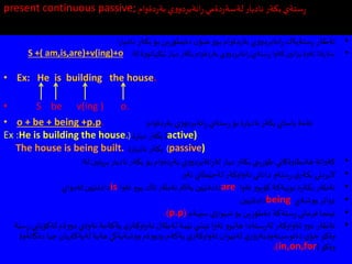 present continuous passive; ‫دةوام‬‫ر‬‫بة‬ ‫ي‬‫و‬‫انةبردو‬ِ‫ر‬ ‫دةمي‬‫ر‬‫لةسة‬ ‫ناديار‬ ‫بكةر‬‫ستةي‬ِ‫ر‬
•‫ناديار‬ ‫بكةر‬‫بؤ‬ ‫ين‬ِ‫ر‬‫دةيطؤ‬ ‫ن‬‫ضؤ‬ ‫و‬‫بو‬ ‫دةوام‬‫ر‬‫بة‬ ‫ي‬‫و‬‫انةبردو‬ِ‫ر‬ ‫ستةيةك‬ِ‫ر‬ ‫ئةطةر‬:
•‫لة‬‫ة‬‫و‬‫كهاتو‬َ‫ثي‬‫ديار‬‫بكةر‬‫دةوام‬‫ر‬‫بة‬‫ي‬‫و‬‫انةبردو‬‫ر‬‫ستةي‬ِ‫ر‬‫كةوا‬ ‫انين‬‫ز‬‫ب‬‫ئةوة‬‫ةتا‬‫ر‬‫سة‬:S +( am,is,are)+v(ing)+o
• Ex: He is building the house.
• S be v(ing ) o.
• o + be + being +p.p. ‫دةوام‬‫ر‬‫بة‬ ‫ي‬‫و‬‫انةبردو‬ِ‫ر‬ ‫ستةي‬ِ‫ر‬ ‫بؤ‬ ‫ة‬‫ر‬‫ناديا‬ ‫بكةر‬ ‫ياساي‬ ‫ئةمة‬:
Ex :He is building the house. )‫ة‬‫ر‬‫ديا‬ ‫بكةر‬( active)
The house is being built. )‫بكةر‬‫ة‬‫ر‬‫ناديا‬ passive)
•‫لة‬ ‫بريتين‬ ‫ناديار‬ ‫بكةر‬ ‫بؤ‬ ‫دةوام‬‫ر‬‫بة‬ ‫ي‬‫و‬‫انةبردو‬ِ‫ر‬‫لة‬ ‫ديار‬ ‫بكةر‬ ‫يني‬ِ‫ر‬‫طؤ‬ ‫هةنطاوةكاني‬ ‫كةواتة‬:
•‫ئةو‬ ‫طاي‬َ‫لةجي‬ ‫تةواوكةر‬ ‫داناني‬ ‫ستةو‬ِ‫ر‬ ‫ي‬‫بكةر‬ ‫البردني‬.
•‫ئةوا‬ ‫و‬‫كؤبو‬ ‫يةكة‬َ‫نوي‬ ‫ة‬‫ر‬‫بكة‬ ‫ئةطةر‬are‫ئةوا‬ ‫و‬‫بو‬ ‫تاك‬ ‫ئةطةر‬ ‫بةآلم‬‫ين‬َ‫دادةني‬is‫لةدواي‬‫ين‬َ‫دادةني‬.
•‫شةي‬‫و‬‫و‬ ‫دواتر‬being‫ين‬َ‫دادةني‬.
•‫يةم‬َ‫سي‬ ‫ي‬‫واز‬َ‫شي‬ ‫بؤ‬ ‫ين‬ِ‫ر‬‫دةطؤ‬ ‫ستةكة‬ِ‫ر‬ ‫فرماني‬ ‫ئينجا‬(p.p.)
•‫لةكؤت‬ ‫ةم‬‫و‬‫دو‬ ‫ئةوةي‬ ‫يةكةمة‬ ‫ي‬‫تةواوكةر‬ ‫لةطةل‬ ‫مة‬َ‫ئي‬ ‫ي‬ ‫ئيش‬ ‫ئةوا‬ ‫و‬‫هةبو‬ ‫ستةدا‬ِ‫ر‬‫لة‬ ‫تةواوكةر‬ ‫و‬‫دو‬ ‫ئةطةر‬‫ستة‬ِ‫ر‬ ‫ايي‬
‫دةنوسينةوة‬ ‫ي‬‫خؤ‬ ‫وةكو‬.‫دةك‬ ‫جيا‬ ‫لةيةكتريان‬ ‫هةية‬ ‫شةيةكي‬‫و‬‫و‬ ‫ةم‬‫و‬‫ودو‬ ‫يةكةم‬ ‫ي‬‫تةواوكةر‬‫وان‬َ‫لةني‬ ‫ي‬‫ر‬‫ؤ‬‫بةز‬‫اتةوة‬
‫وةكو‬(in,on,for.)
 