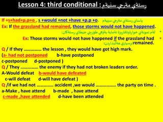 Lesson 4: third conditional :‫يةم‬َ‫سي‬ ‫جي‬‫ر‬‫مة‬ ‫ستةي‬ِ‫ر‬
If +s+had+p.p+o , s +would +not +have +p.p +o. ‫يةم‬َ‫سي‬ ‫جي‬‫ر‬‫مة‬ ‫ستةي‬‫ر‬ ‫ياساي‬
Ex: If the grassland had remained, those storms would not have happened.
•‫يزة‬‫ر‬‫ةوةفا‬‫ر‬‫خوا‬ ‫نمونةي‬ ‫لةم‬‫طاي‬َ‫جي‬ ‫يني‬ِ‫ر‬‫طؤ‬ ‫بةؤهي‬ ‫نةماية‬‫ستةكان‬ِ‫ر‬:
•Ex: Those storms would not have happened if the grassland had
remained.‫ي‬‫ثرسيار‬‫دن‬‫ر‬‫بذا‬
َ
‫هةل‬:
Q / If they …………… the lesson , they would have got high mark.
(a- had not postponed b-have postponed
c-postponed d-postponed )
Q / They …………… the enemy if they had not broken leaders order.
A-Would defeat b-would have defeated
c-will defeat d-will have defeat )
Q /if we had not ………….. accident ,we would …………….. the party on time .
a-Make , have attend b-made , have attend
c-made ,have attended d-have been attended
 
