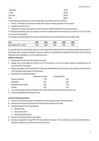 Sunrise Projects Ltd.

– Promoters                                                                                        60.00
– Public                                                                                          354.00
Term Loan                                                                                         300.00*
Total                                                                                             990.00
* Canara Bank has sanctioned a term loan of Rs.300 lakhs on the following terms and conditions:
1.     Primary : First Charge on the entire fixed assets of the Company. Personal guarantee of all the directors.
2.     Interest at the rate of 15% p.a.
3.     Repayment in 4 equal annual instalments of Rs.75 lakh each. Instalments begin from the end of second year.
For financing the expansion project, the company has issued 27.6 lakhs shares of face value Rs.10 at a premium of Rs.15 per share.
The issue was fully subscribed.
The company has projected without the expansion project the following Gross revenue figures for years 2002 to 2006.


Year                                            2002            2003          2004           2005           2006
Gross revenue (Rs. in lakhs)                    3500            3800          4000           4200           4500

It is expected that due to the expansion project the work receipts will be increased by 25% over the above projected revenue figure for
all five years. Due to increased investment in plant and machinery, and equipments the company will have other income from giving
those items on hire, estimated at 1% of the incremental revenue.
Additional Information
1.     Assume project life of five years for appraising the project.
2.     Salvage value of fixed assets can be taken as 5% of Gross Block at the end of five years. Repairs and Maintenance can be
       assumed at 20% of Gross Block.
3.     Material consumption can be assumed at 50% of the gross revenue based on the past actuals. Labour charges can be assumed at
       10% of the gross revenue based on the past actuals.
4.     Depreciation to be calculated as follows:
                                             Companies Act (SLM)             IT Purposes (WDV)
       Plant and machinery                                     10%                                   25%
       Equipments                                              15%                                   25%
       Miscellaneous fixed assets                              20%                                   15%
       Vehicles                                                25%                                   40%
5.     The company expects to declare a dividend of 20%. And the dividend is expected to grow by 5% each year.
6.     The tax rate applicable for the company is 35%.


Answer the following questions:
1.     Prepare the incremental projected income statement from the expansion project for the first five years.
2.     Determine the incremental cash flows of the project assuming project life of five years.
3.     Appraise the project in terms of the following:
       •    Benefit-cost ratio
       •    Internal rate of return
       •    Discounted pay-back period.
4.     Discuss the risk factors inherent in such projects.
5.     Company’s management is using PERT chart for execution of the project. There is another very popular and simpler technique –
       Gantt Chart. Discuss the use of Gantt Chart as a tool of control.




                                                                                                                                       4
 