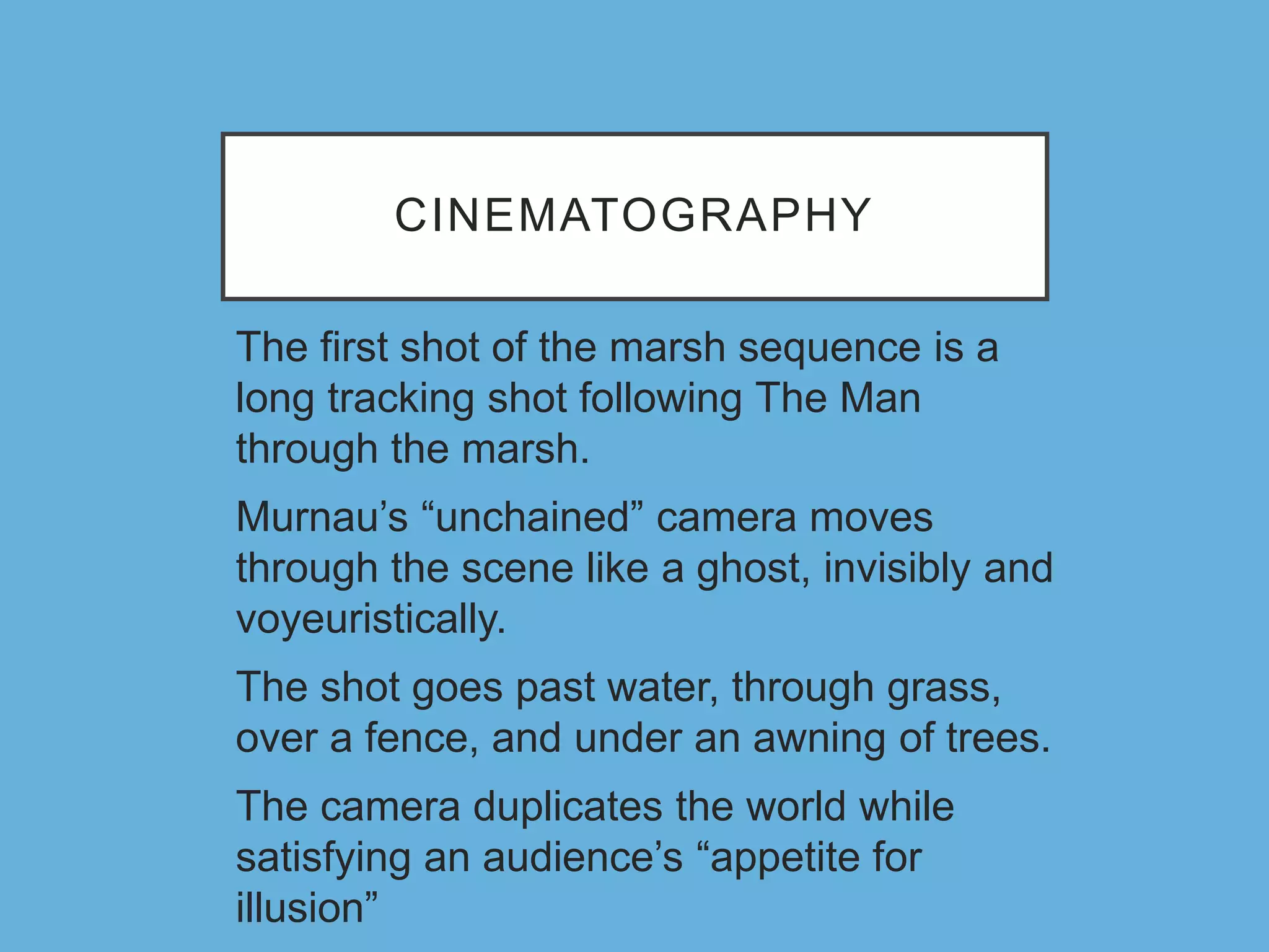 CINEMATOGRAPHY
The first shot of the marsh sequence is a
long tracking shot following The Man
through the marsh.
Murnau’s “unchained” camera moves
through the scene like a ghost, invisibly and
voyeuristically.
The shot goes past water, through grass,
over a fence, and under an awning of trees.
The camera duplicates the world while
satisfying an audience’s “appetite for
illusion”
 