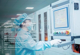 EMBODIMENT OF QUALITY
RELIABILITY
Starting from the source of production, Sunrise strictly controls every link. With
professional and strict requirements, every modules delivered to customers can
withstand the harsh monitoring and harsh environment inspection.
INCOMING TEST
100% Raw material inspection
Incoming material quality test (single piece tension, El test, EVA crosslinking
degree test, junction box cable resistance test, frame stability test, etc.)
STRICT EL DETECTION
3 The module passed three El tests before lamination and final inspection
ADVANCED TESTER FOR WHOLE PRODUCTION LINE
100% Production line is equipped with industry-leading performance tester
BOTH APPEARANCE AND APPEARANCE
100% Appearance inspection
80
28
 